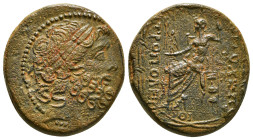 SELEUCIS & PIERIA. Antioch. Ae Tetrachalkon (63-28 BC). Uncertain date.
Obv: Laureate head of Zeus right.
Rev: ANTIOXEΩN THΣ MHTPOΠOΛEΩΣ.
Zeus seated ...