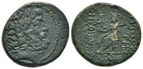 SELEUCIS & PIERIA. Antioch. Ae Tetrachalkon (63-28 BC). Uncertain date.
Obv: Laureate head of Zeus right.
Rev: ANTIOXEΩN THΣ MHTPOΠOΛEΩΣ.
Zeus seated ...