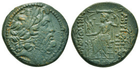 SELEUCIS & PIERIA. Antioch. Ae Tetrachalkon (63-28 BC). Uncertain date.
Obv: Laureate head of Zeus right.
Rev: ANTIOXEΩN THΣ MHTPOΠOΛEΩΣ.
Zeus seated ...