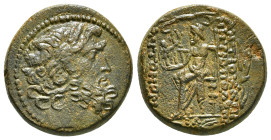 SELEUCIS & PIERIA. Antioch. Ae Tetrachalkon (63-28 BC). Uncertain date.
Obv: Laureate head of Zeus right.
Rev: ANTIOXEΩN THΣ MHTPOΠOΛEΩΣ.
Zeus seated ...