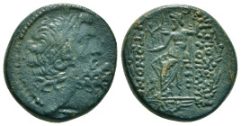 SELEUCIS & PIERIA. Antioch. Ae Tetrachalkon (63-28 BC). Uncertain date.
Obv: Laureate head of Zeus right.
Rev: ANTIOXEΩN THΣ MHTPOΠOΛEΩΣ.
Zeus seated ...