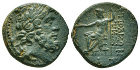 SELEUCIS & PIERIA. Antioch. Ae Tetrachalkon (63-28 BC). Uncertain date.
Obv: Laureate head of Zeus right.
Rev: ANTIOXEΩN THΣ MHTPOΠOΛEΩΣ.
Zeus seated ...