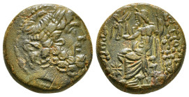 SELEUCIS & PIERIA. Antioch. Ae Tetrachalkon (63-28 BC). Uncertain date.
Obv: Laureate head of Zeus right.
Rev: ANTIOXEΩN THΣ MHTPOΠOΛEΩΣ.
Zeus seated ...