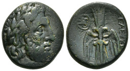 SYRIA. Seleucis and Pieria. Seleucia Pieria. Ae (2nd century BC).
Obv: Laureate head of Zeus right.
Rev: ΣEΛEYKEΩN.
Thunderbolt; monogram within circl...