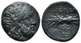 SYRIA. Seleucis and Pieria. Seleucia Pieria. Ae (2nd century BC).
Obv: Laureate head of Zeus right.
Rev: ΣEΛEYKEΩN.
Thunderbolt; monogram within ci...