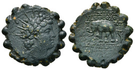 SELEUKID KINGDOM. Antiochos VI Dionysos (144-142 BC). Serrate Ae. Antioch on the Orontes.
Obv: Radiate head right, wearing ivy wreath.
Rev: ΒΑΣΙΛΕΩΣ Α...