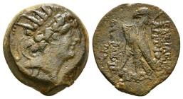 SELEUKID KINGDOM. Antiochos VIII Epiphanes (Grypos) (121/0-97/6 BC). Ae. Antioch on the Orontes. Dated SE 198 (115/4 BC).
Obv: Radiate head right.
R...