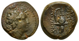 SELEUKID KINGDOM. Tryphon (Circa 142-138 BC). Ae. Antioch.
Obv: Diademed head right.
Rev: ΒΑΣΙΛΕΩΣ ΤΡVΦΩΝΟΣ / ΑVΤΟΚΡΑΤΟΡΟΣ.
Spiked Macedonian helmet a...