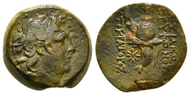 SELEUKID KINGDOM. Tryphon (Circa 142-138 BC). Ae. Antioch.
Obv: Diademed head right.
Rev: ΒΑΣΙΛΕΩΣ ΤΡVΦΩΝΟΣ / ΑVΤΟΚΡΑΤΟΡΟΣ.
Spiked Macedonian helmet a...