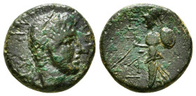 PAMPHYLIA. Side. Claudius (98-117). Ae. Obv: KΛΑΥΔΙΟC ΚΑΙCΑΡ. Laureate head right. Rev: ΣIΔHTΩN. Athena advancing left, holding shield and spear. RPC ...