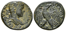 SELEUCIS AND PIERIA. Laodicea ad Mare. Caracalla (198-217). Tetradrachm.
Obv: AVT KAI ANTΩNEINOC C.
Laureate, draped and cuirassed bust right.
Rev: ΔH...