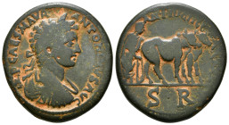 PISIDIA, Antiochia. Caracalla. AD 198-217. 23,08 g - 31,91 mm Æ . Laureate head right / Founder plowing right with yoke of oxen, two standards behind....