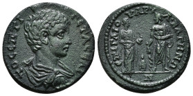 LYDIA. Bagis. Geta (Caesar, 198-209). Ae. Gaius, archon.
Obv: Π CEΠT ΓETAC KAI.
Draped and cuirassed bust right.
Rev: EΠΙ ΓΑΙΟΥ APX BAΓHNΩΝ.
Hygieia s...