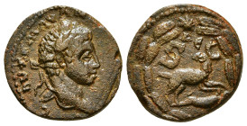 Syria, Antioch, Seleucis and Pieria. Elagabalus AD 218-222 Æ 4,23 g - 17,67 mm As . [AVT K M] AV ANTΩN[Є]INO[C] C[Є], radiate and draped bust right / ...