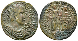 PHRYGIA. Hierapolis. Valerian I (253-260). Ae. Homonoia issue with Sardis.
Obv: AY K ΠOY ΛIK OYAΛЄΡΙΑΝΟC.
Radiate, draped and cuirassed bust right.
Re...