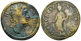 PHRYGIA. Hierapolis. Pseudo-autonomous issue. Tetrassarion time of Elagabalus, 218-222. ΔHMOC Diademed head of Demos to right, with slight drapery on ...