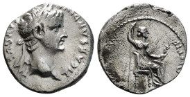 TIBERIUS (14-37). Denarius. "Tribute Penny" type. Lugdunum.
Obv: TI CAESAR DIVI AVG F AVGVSTVS.
Laureate head right.
Rev: PONTIF MAXIM.
Livia (as Pax)...