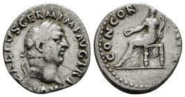 VITELLIUS (69). Denarius. Rome.
Obv: A VITELLIVS GERMAN IMP TR P.
Bare head right.
Rev: CONCORDIA P R.
Concordia seated left on throne, holding patera...