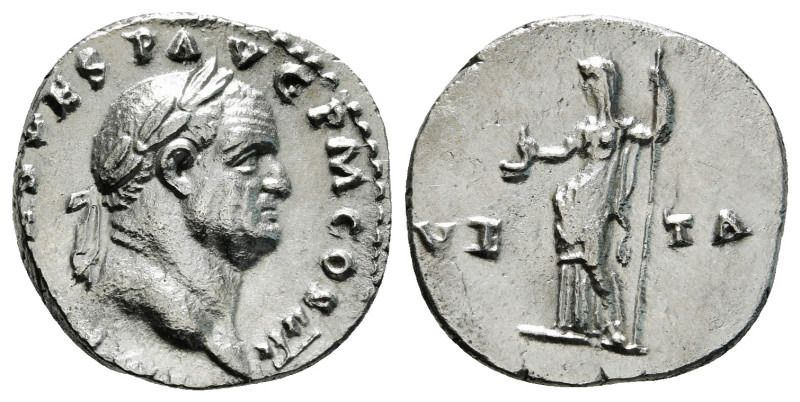 VESPASIAN (69-79). Denarius. Rome.
Obv: IMP CAES VESP AVG P M COS IIII.
Laureate...