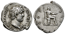 HADRIAN (117-138). Denarius. Rome.
Obv: HADRIANVS AVGVSTVS.
Laureate bust right, slight drapery on far shoulder.
Rev: COS III.
Herakles seated right o...