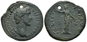 ANTONINUS PIUS (138-161). As. Rome.
Obv: ANTONINVS PIVS P P TR P COS III.
Laureate head right.
Rev: FELICITAS AVG / S - C.
Felicitas standing slightly...