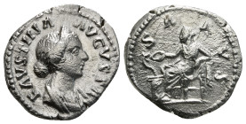 FAUSTINA II (Augusta, 147-176). Denarius. Rome.
Obv: FAVSTINA AVGVSTA.
Draped bust right.
Rev: SALVS.
Salus seated left on throne, feeding serpent ris...