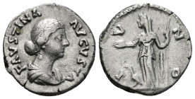 FAUSTINA II (Augusta, 147-175). Denarius. Rome.
Obv: FAVSTINA AVGVSTA.
Draped bust right.
Rev: IVNO.
Juno standing left, holding sceptre and patera; t...