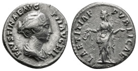 FAUSTINA II (Augusta, 147-175/6). Denarius. Rome.
Obv: FAVSTINAE AVG PII AVG FIL.
Draped bust right.
Rev: LAETITIAE PVBLICAE.
Laetitia standing left, ...