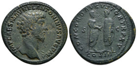 MARCUS AURELIUS (161-180). Sestertius. Rome.
Obv: IMP CAES M AVREL ANTONINVS AVG P M.
Laureate bust right, wearing aegis.
Rev: CONCORD AVGVSTOR TR ...