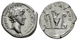 MARCUS AURELIUS (Caesar, 139-161). Denarius. Rome.
Obv: AVRELIVS CAESAR AVG PII F COS.
Bare head right.
Rev: PIETAS AVG.
Emblems of the augurate and p...