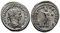 CARACALLA (198-217). Antoninianus. Rome.
Obv: ANTONINVS PIVS AVG GERM.
Radiate and draped bust right.
Rev: P M TR P XVIIII COS IIII P P.
Sol standing ...