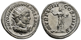 CARACALLA (198-217). Antoninianus. Rome.
Obv: ANTONINVS PIVS AVG GERM.
Radiate and draped bust right.
Rev: P M TR P XVIIII COS IIII P P.
Sol standing ...