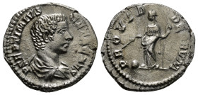 Geta, as Caesar (198-209 AD). Rome
AR Denarius 
Obv: P SEPTIMIVS GETA CAES, bareheaded, and draped bust right
Rev: PROVID DEORVM, Providentia standing...