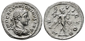 ELAGABALUS (218-222). Denarius. Rome.
Obv: IMP CAES M AVR ANTONINVS AVG.
Laureate, draped and cuirassed bust right.
Rev: MARS VICTOR.
Mars advancing r...