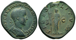 GORDIAN III (238-244). Sestertius. Rome.
Obv: IMP CAES M ANT GORDIANVS AVG.
Laureate, draped and cuirassed bust right.
Rev: FIDES MILITVM / S - C.
Fid...