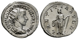 GORDIAN III (238-244). Antoninianus. Rome.
Obv: IMP GORDIANVS PIVS FEL AVG.
Radiate, draped and cuirassed bust right.
Rev: LAETITIA AVG N.
Laetitia st...