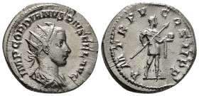 GORDIAN III (238-244). Antoninianus. Rome.
Obv: IMP GORDIANVS PIVS FEL AVG.
Radiate, draped and cuirassed bust right.
Rev: P M TR P IIII COS II P P.
G...