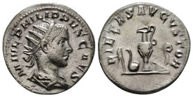 PHILIP II (Caesar, 244-247). Antoninianus. Rome.
Obv: M IVL PHILIPPVS CAES.
Radiate and draped bust right.
Rev: PIETAS AVGVSTOR.
Emblems of the pontif...