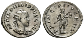 PHILIP II (Caesar, 244-247). Antoninianus. Rome.
Obv: M IVL PHILIPPVS CAES.
Radiate and draped bust right.
Rev: PRINCIPI IVVENT.
Philip standing right...