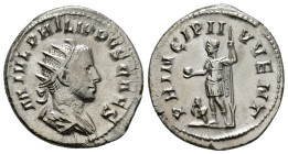 PHILIP II (Caesar, 244-247). Antoninianus. Rome.
Obv: M IVL PHILIPPVS CAES.
Radiate and draped bust right.
Rev: PRINCIPI IVVENT.
Philip standing left,...