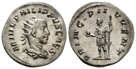 PHILIP II (Caesar, 244-247). Antoninianus. Rome.
Obv: M IVL PHILIPPVS CAES.
Radiate and draped bust right.
Rev: PRINCIPI IVVENT.
Philip standing left,...