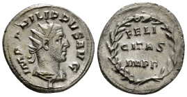 PHILIP I 'THE ARAB' (244-249). Antoninianus. Rome.
Obv: IMP PHILIPPVS AVG.
Radiate, draped and cuirassed bust right.
Rev: FELICITAS IMPP.
Legend in th...