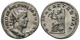 PHILIP I 'THE ARAB' (244-249). Antoninianus. Rome.
Obv: IMP PHILIPPVS AVG.
Radiate, draped and cuirassed bust right.
Rev: ROMAE AETERNAE.
Roma seated ...