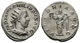 PHILIP I THE ARAB (244–249). Antoninianus. Rome.
Obv: IMP M IVL PHILIPPVS AVG.
Radiate, draped and cuirassed bust right.
Rev: VICTORIA AVG.
Victory ad...