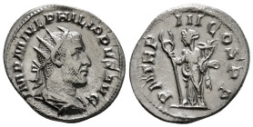 PHILIP I 'THE ARAB' (244-249). Antoninianus. Rome.
Obv: IMP M IVL PHILIPPVS AVG.
Radiate, draped and cuirassed bust right.
Rev: P M TR P III COS P P.
...