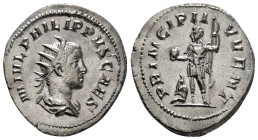 PHILIP II (Caesar, 244-247). Antoninianus. Rome.
Obv: M IVL PHILIPPVS CAES.
Radiate and draped bust right.
Rev: PRINCIPI IVVENT.
Philip standing left,...