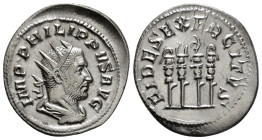 PHILIP I 'THE ARAB' (244-249). Antoninianus. Rome.
Obv: IMP PHILIPPVS AVG.
Radiate, draped and cuirassed bust right.
Rev: FIDES EXERCITVS.
Aquila (leg...