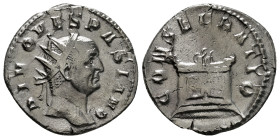 DIVUS VESPASIAN (Died 79). Antoninianus. Struck under Trajan Decius.
Obv: DIVO VESPASIANO.
Radiate head right.
Rev: CONSECRATIO.
Lighted altar.
R...