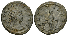 GALLIENUS (253-268). Antoninianus. Antioch.
Obv: GALLIENVS AVG.
Radiate, draped and cuirassed bust left.
Rev: LAETITIA AVG / VIIC•.
Laetitia standing ...