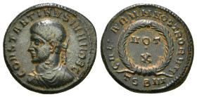 CONSTANTINE II (Caesar, 316-337). Follis. Thessalonica.
Obv: CONSTANTINVS IVN NOB C.
Laureate, draped and cuirassed bust left.
Rev: CAESARVM NOSTRORVM...